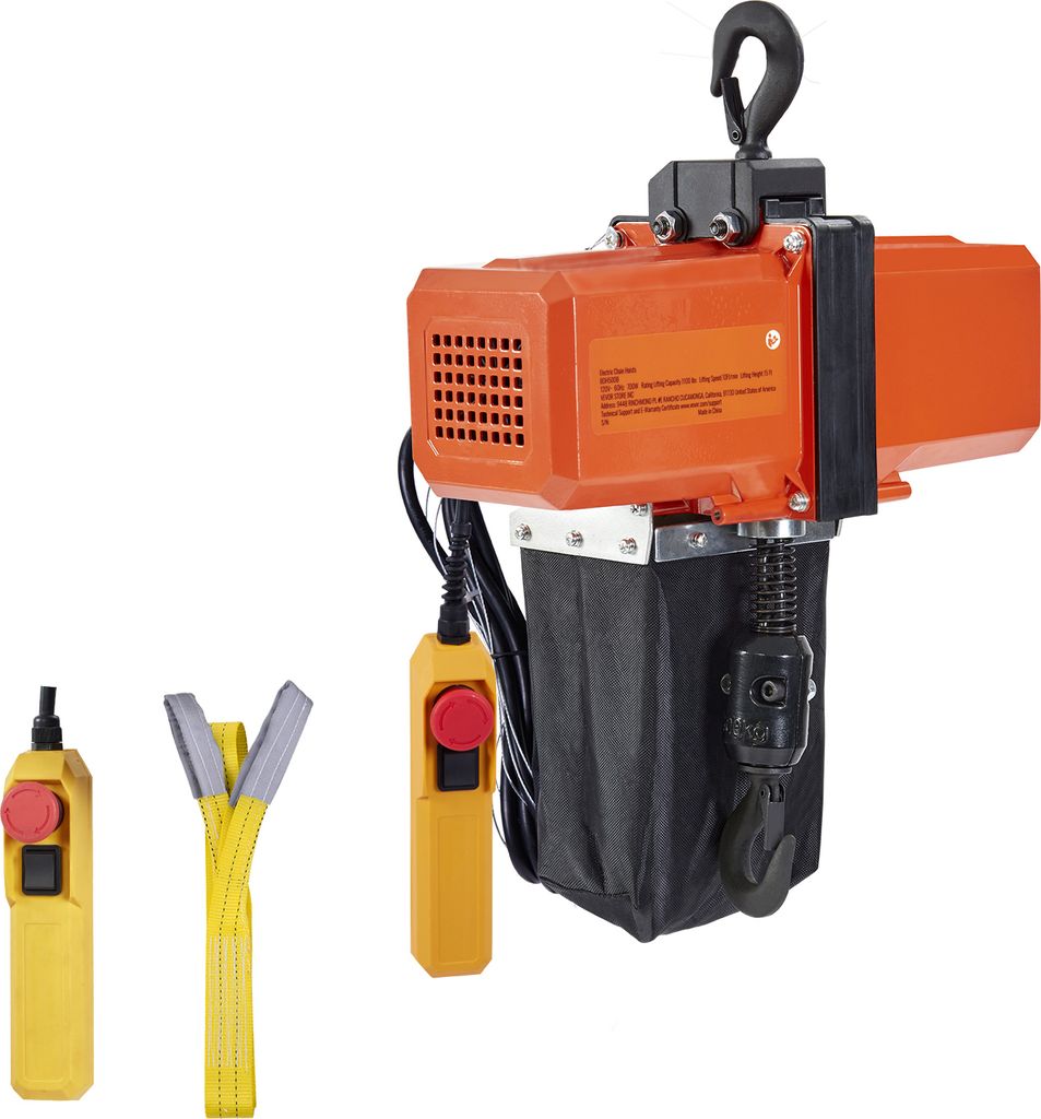 A product shot of an electric chain hoist with its accessories.