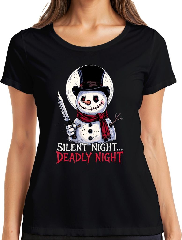 Silent Night Deadly Night Schneemann Messer Gruselig Geschenk Damen T-Shirt, Schwarz, XXL
