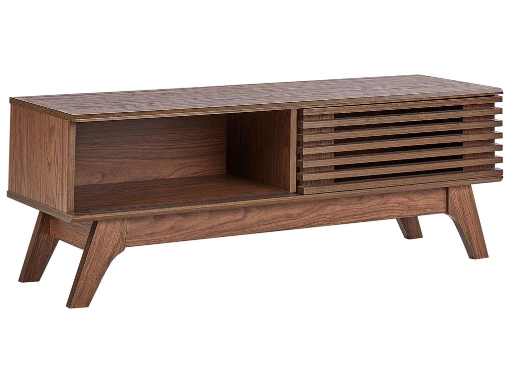 BELIANI Fernsehtisch Dunkelbraun Holzoptik Walnuss 120 cm Breit mit Kabelkanal Schiebetür Lamellen-Optik Niedrig Schmal TV-Möbel TV-Schrank Wohnz...