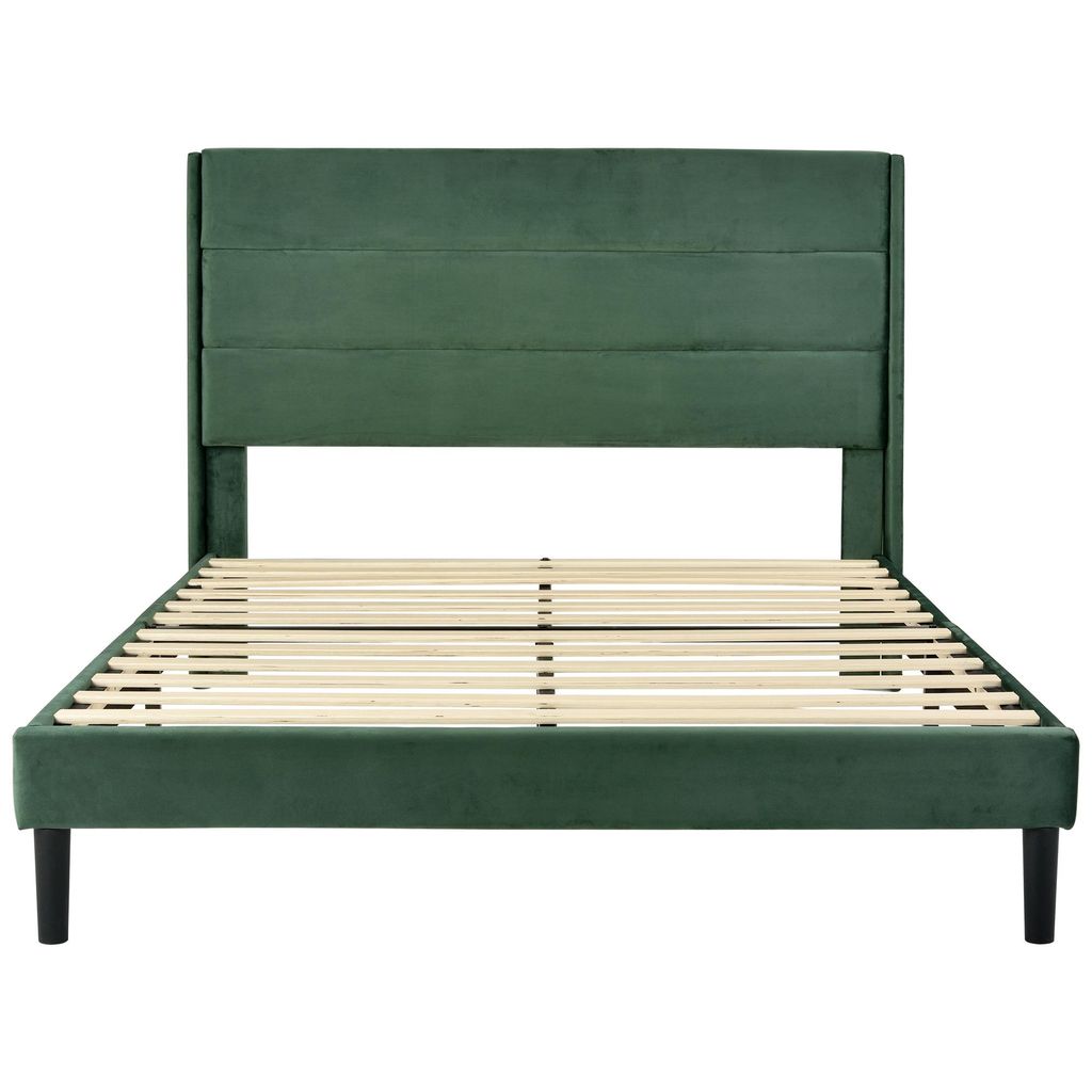 Polsterbett 140x200 cm - Gepolstertes Doppelbett - Holzrahmen - Bett mit Stauraum, Lattenrost und Kopfteil - Samtbezug - Dunkelgrün
