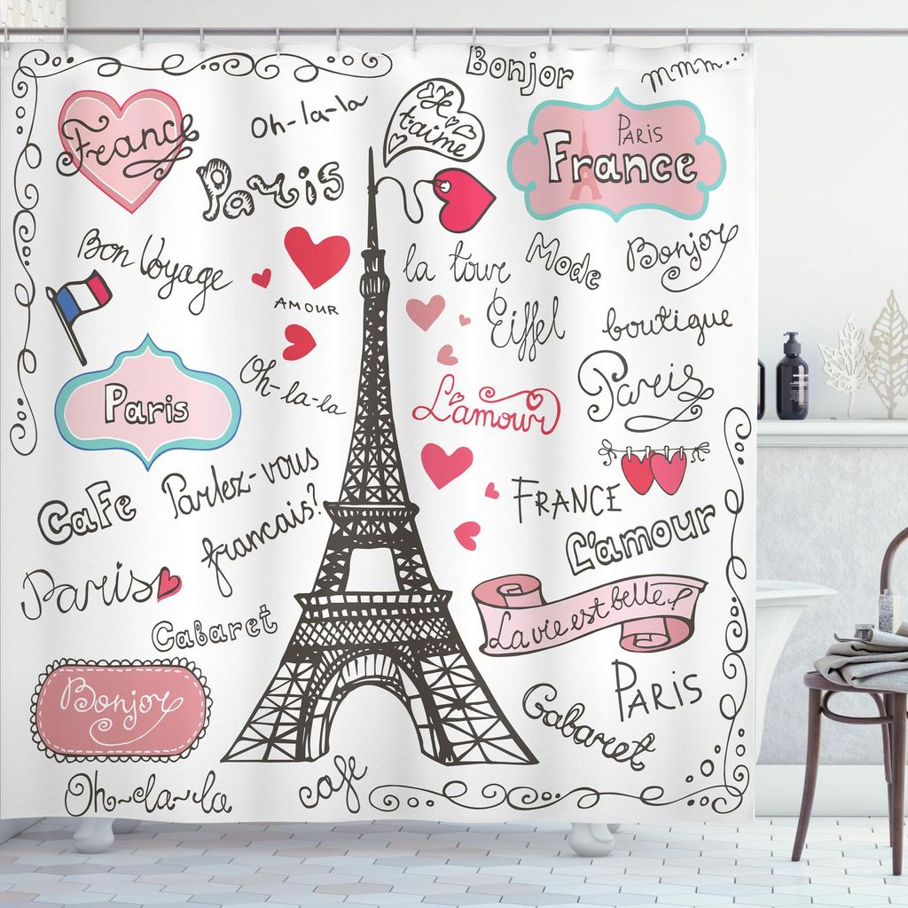 ABAKUHAUS Eiffelturm Duschvorhang, Paris Symbole, Die Herz Form Flaggen Dekoratives Gekritzel Digital Druck, 175 x 200 cm, Schwarz Weiß Rosa