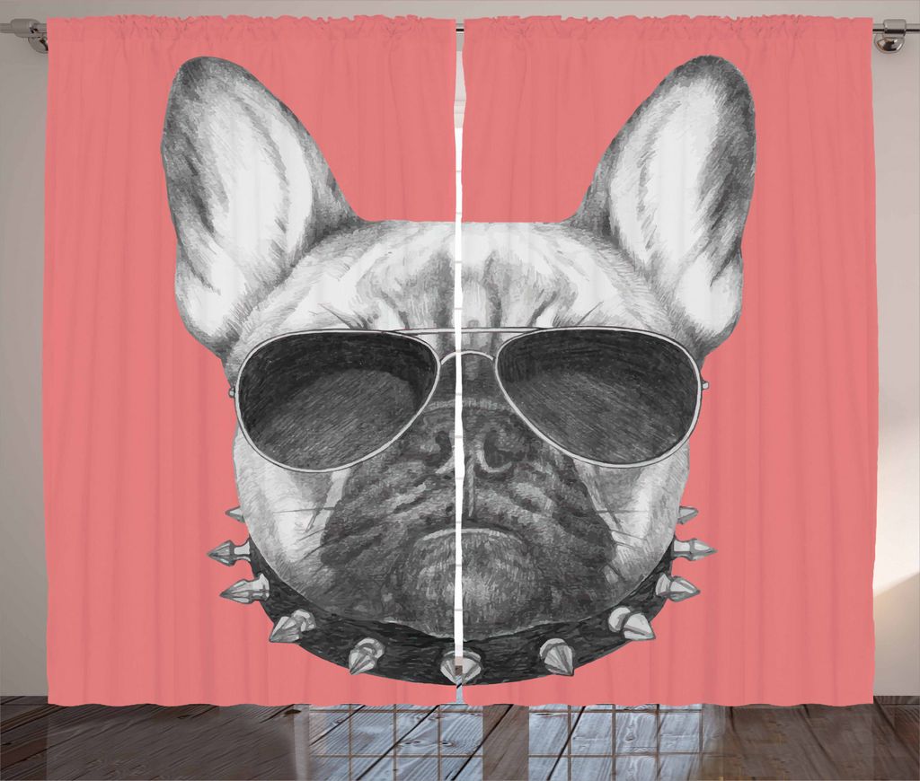 ABAKUHAUS Bulldogge Rustikaler Gardine, Hund Sketch Sonnenbrillen, Schlafzimmer Kräuselband Vorhang mit Schlaufen und Haken, 280 x 225 cm, Grau Pi...