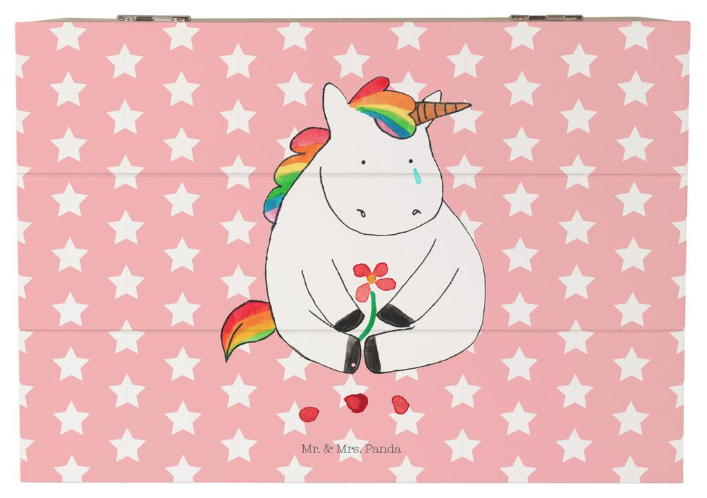 Mr. & Mrs. Panda Holzbox Einhorn Traurig 22 x 15 cm - Rot Pastell - Geschenk, Schatzkiste, Grußkarte, Holzkiste mit Deckel, Freunde, fotobox, Holz...