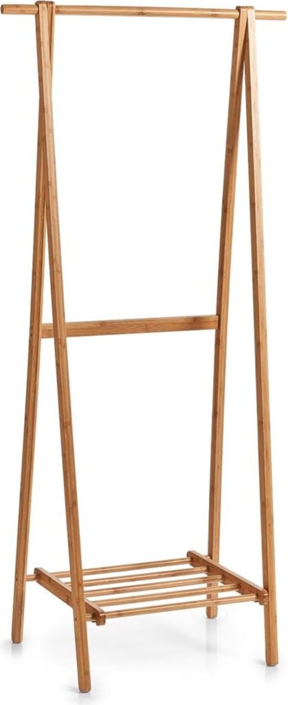 A wooden garment rack on a white background.