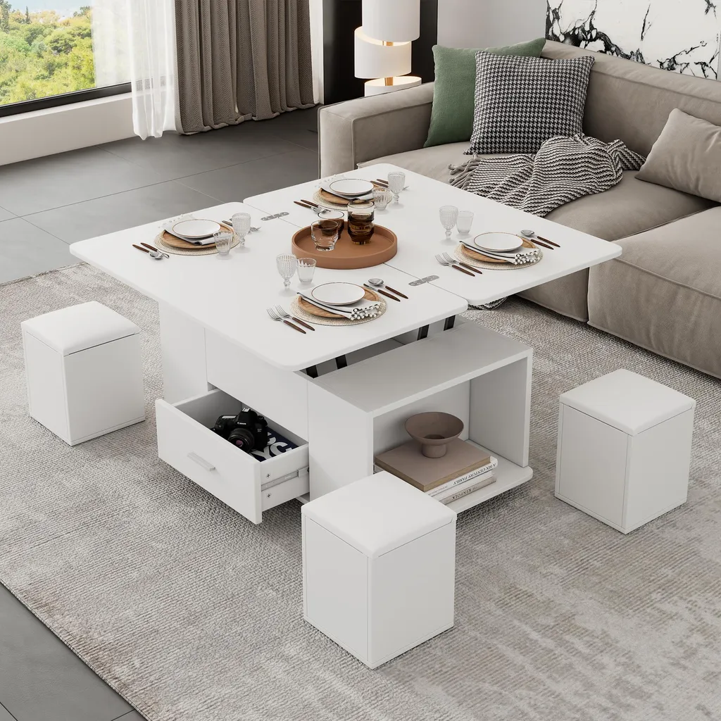 Sweiko Table Basse Réglable en Hauteur et Mobile avec 4 Tabourets Blanc - 2