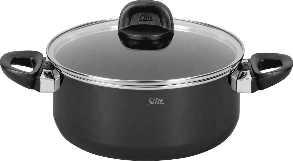 A studio shot of a black pot with a glass lid and black handles.