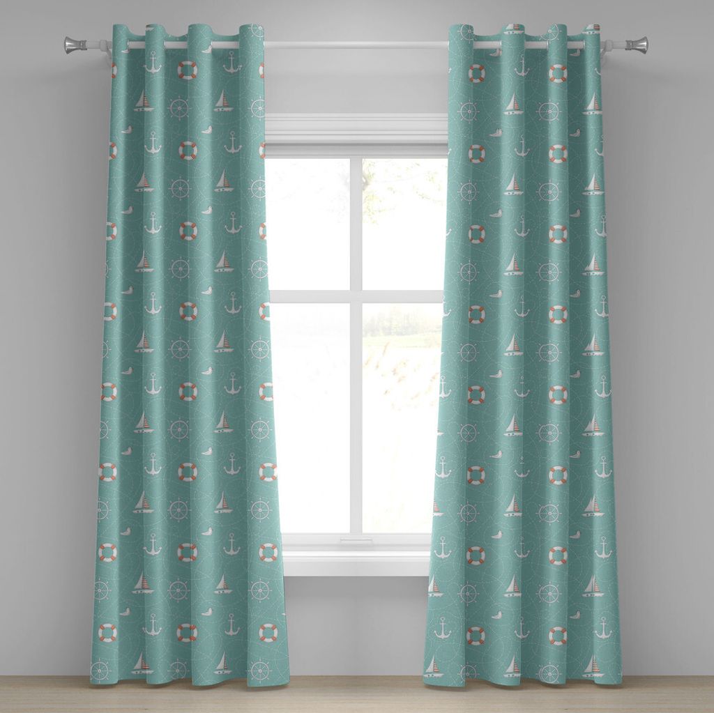 ABAKUHAUS Anker Ösenvorhang, Meeresthema mit Seemöwen und Rettungsring Segeln Wiederholendes Design, Dekorative 2-Panel-Fenstervorhänge, 280 cm ...