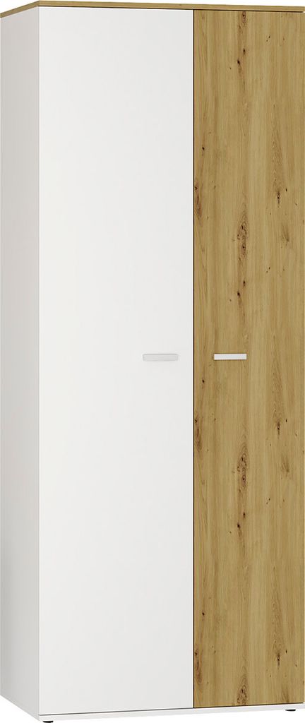 A two-door wardrobe with one white door and one wood-effect door.