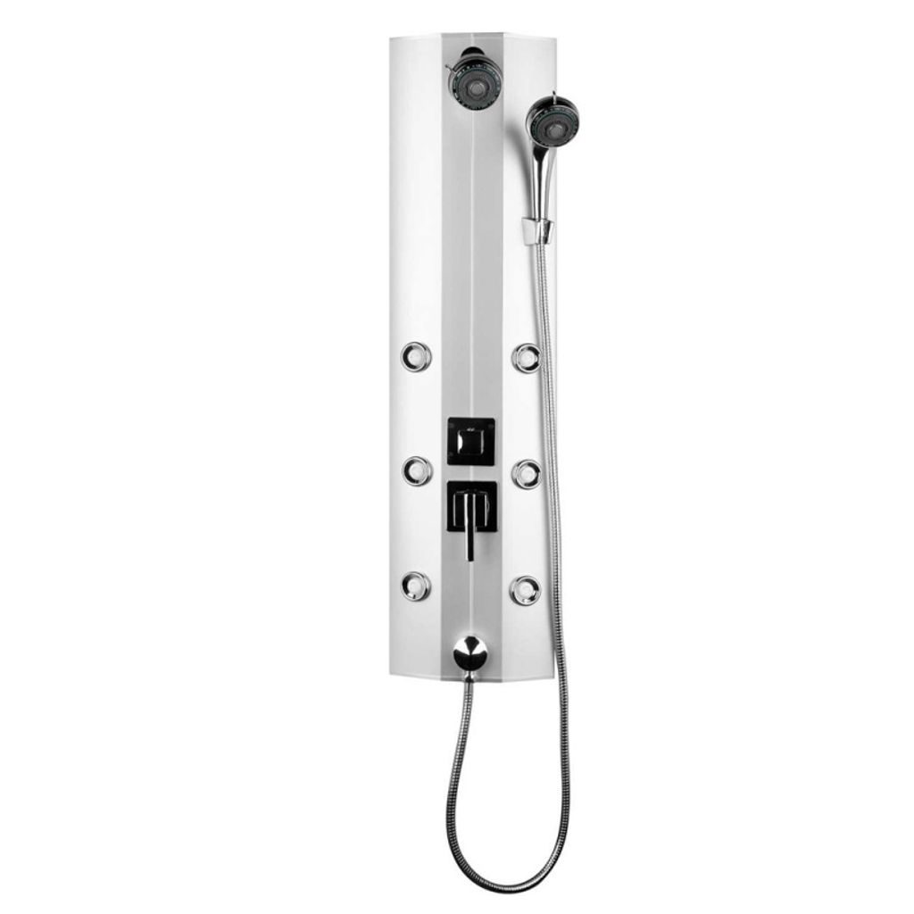A shower panel system mounted on a white background.