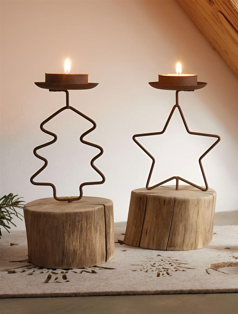 2x Teelichthalter "Tanne & Stern" aus Metall & Holz, rustikale Tischdeko, Halter für Teelichter