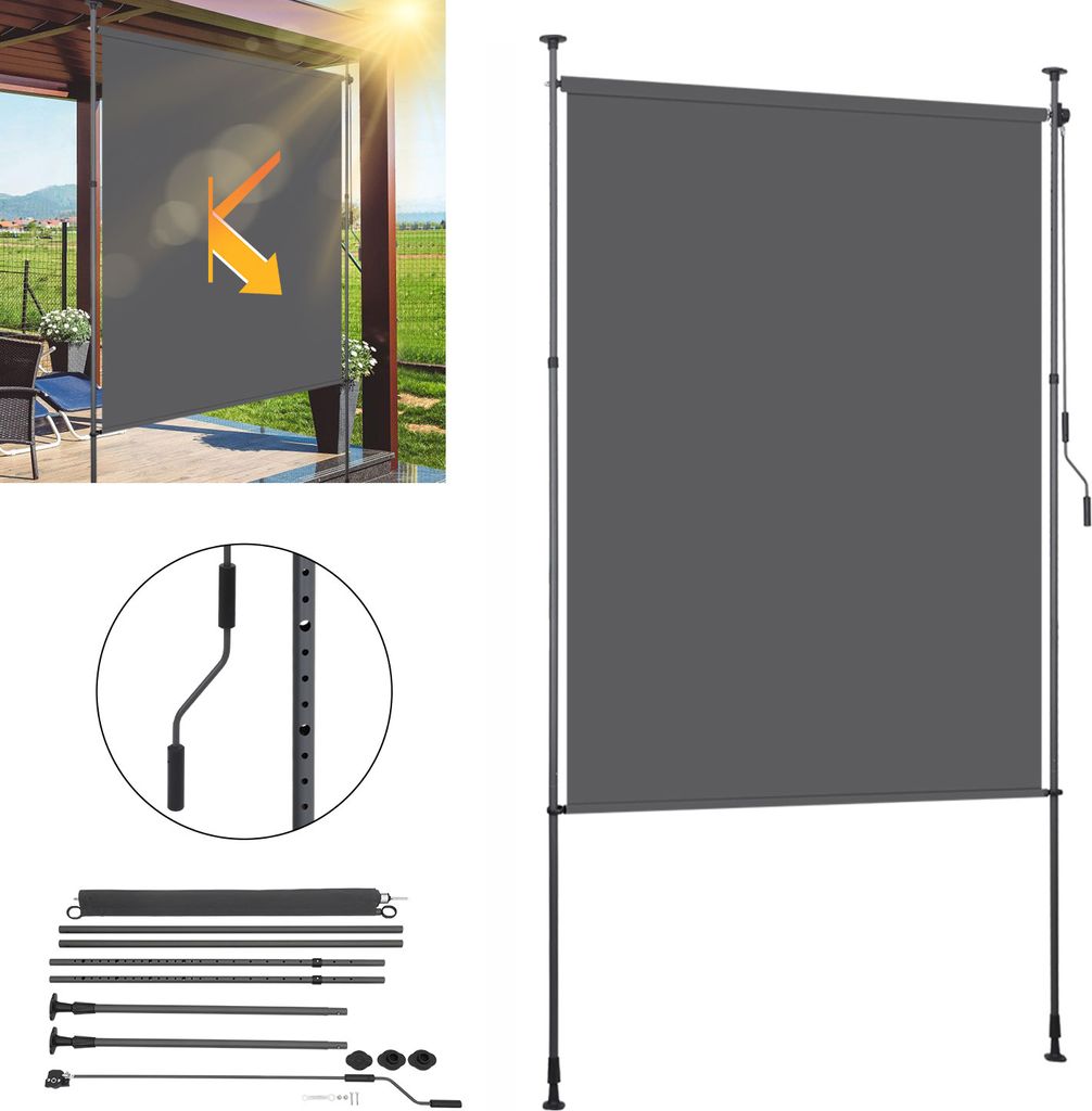Clanmacy Senkrechtmarkise Außenrollo 120 x 270 cm Balkonrollo mit Handkurbel Sichtschutz Vertikalmarkise ohne Bohren Sonnenschutz Windschutz Anthr...