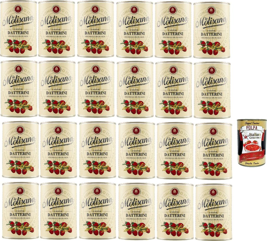 La Molisana Datterini, Kirschtomaten Datterini süßer Geschmack längliche Form italienisches Sauce Tomaten 24x 400g + Italian Gourmet polpa 400g