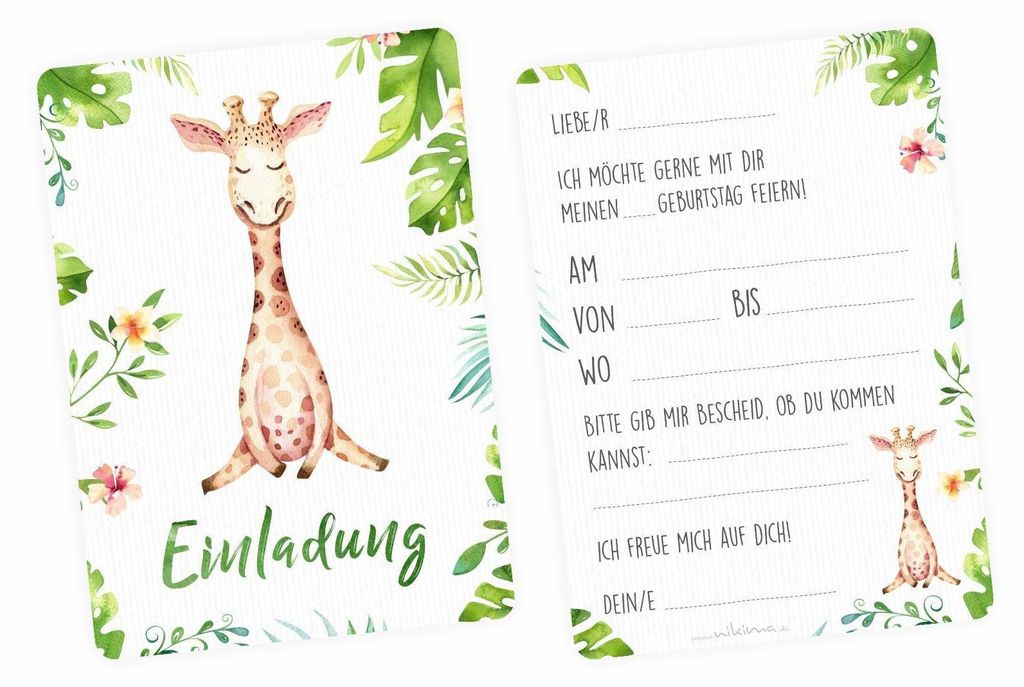 Two invitation cards with a jungle theme and a giraffe illustration. One card has the word 'Einladung' (Invitation) and the other has text fields for party details.