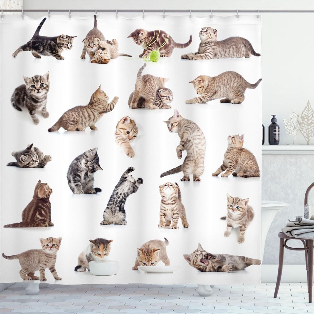 ABAKUHAUS Katze Duschvorhang, Lustige Spielerische Haustier Kätzchen auf weißem Hintergrund Foto, 175 x 240 cm, Braun Schwarz Weiß