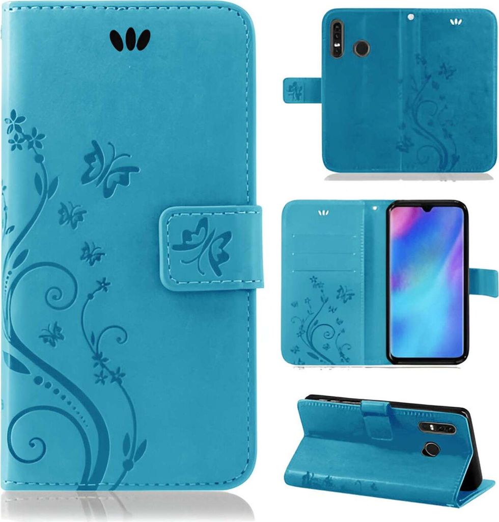 A collage of images showing a blue flip phone case with a floral and butterfly design from multiple angles.