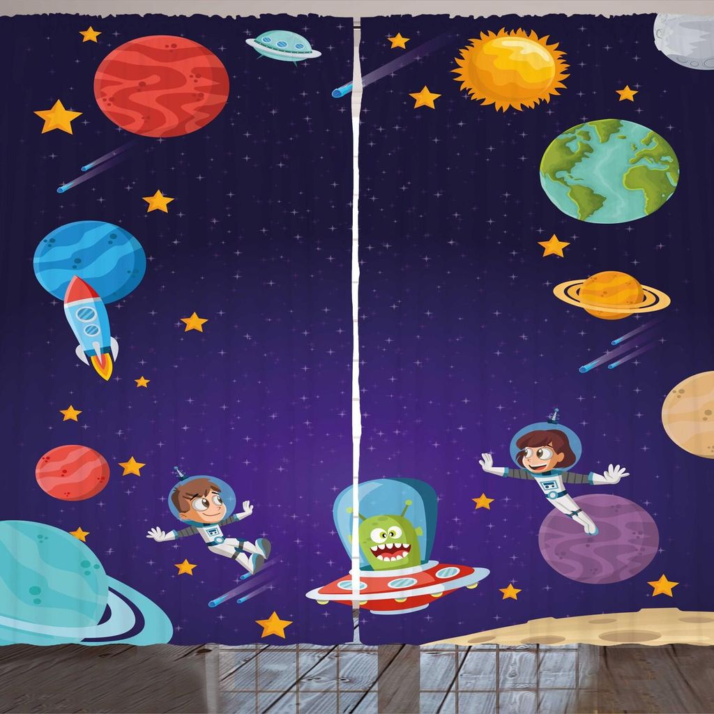 ARANDE Außerirdischer Gardine, Weltraum-Themed Cartoon Astronaut Reisen Galaxies Sterne Rocket-Raumschiff, 280 x 175 cm, Indigo Mehrfarbig