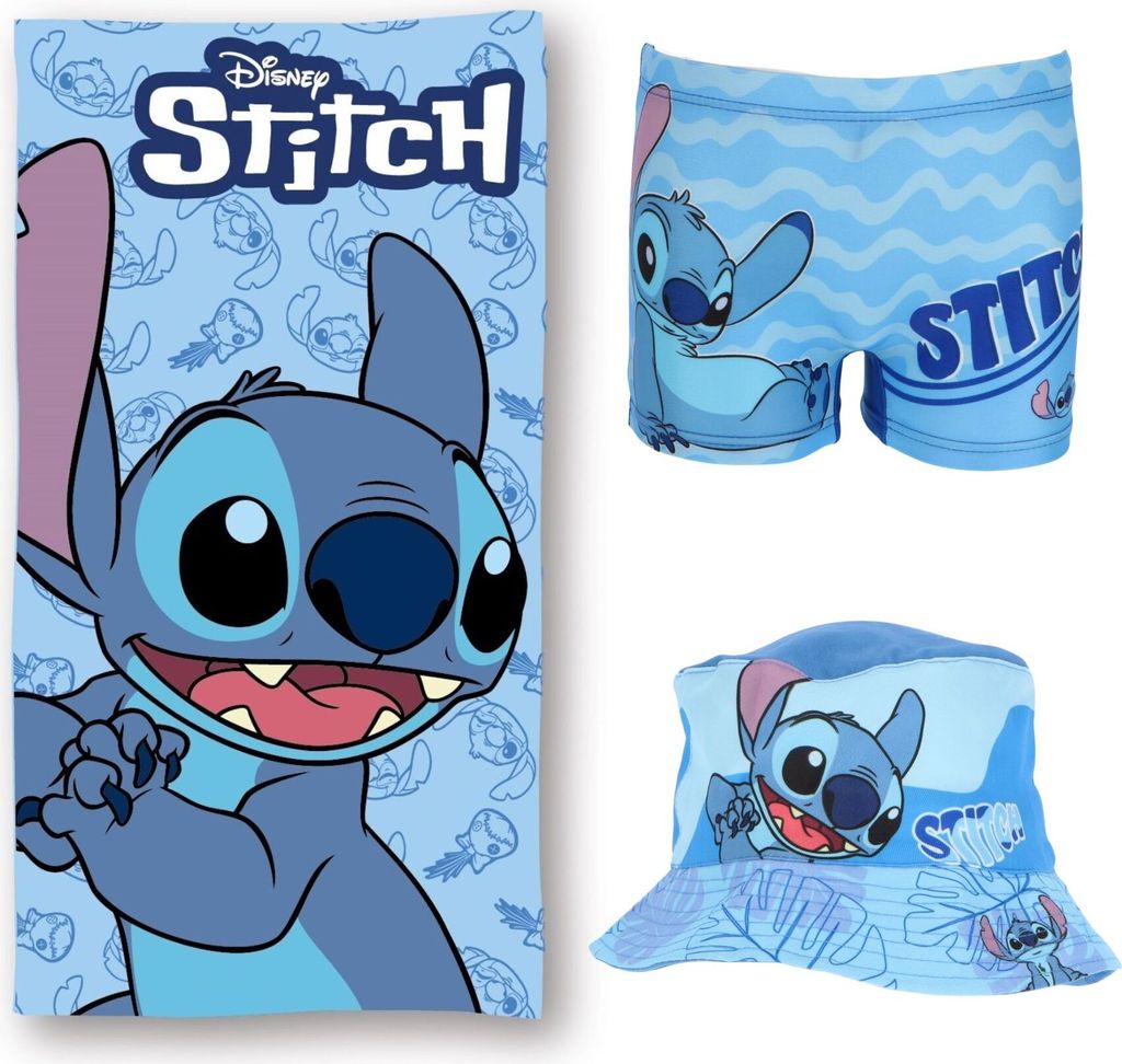 Lilo & Stitch Zomerset; Strandlaken, Vissershoedje en Zwemboxer - 122/128