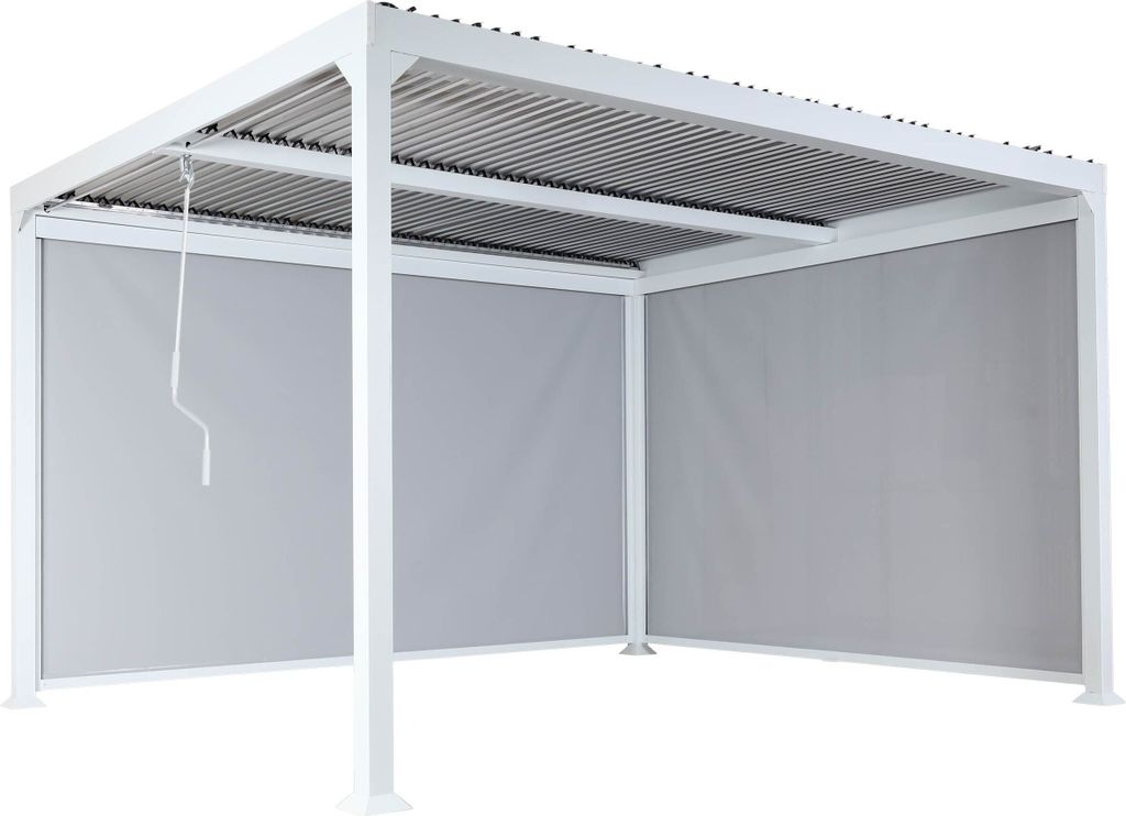 Alu Pergola MCW-L41 mit 2x Seitenwand, Lamellen-Pavillon, stabiles 8cm-Metall-Gestell 3x3,7m weiß