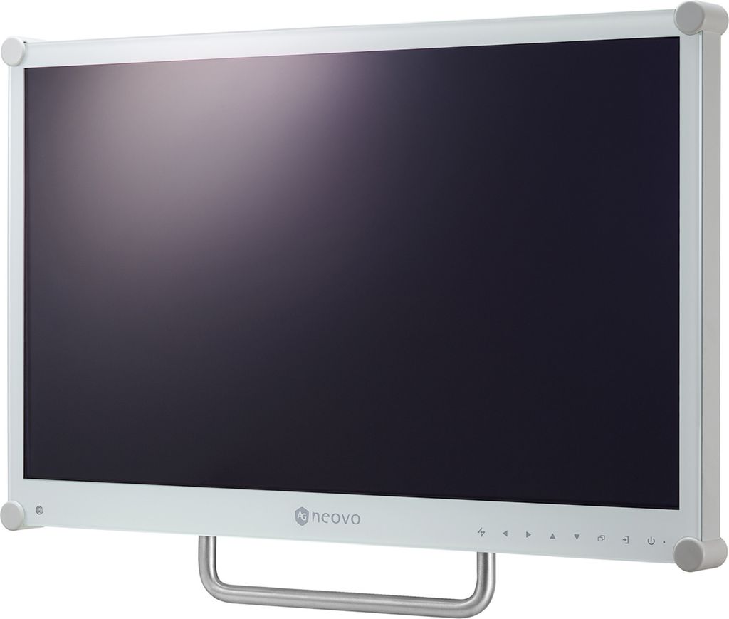 A white AG Neovo medical monitor with a gray stand is shown against a white background.