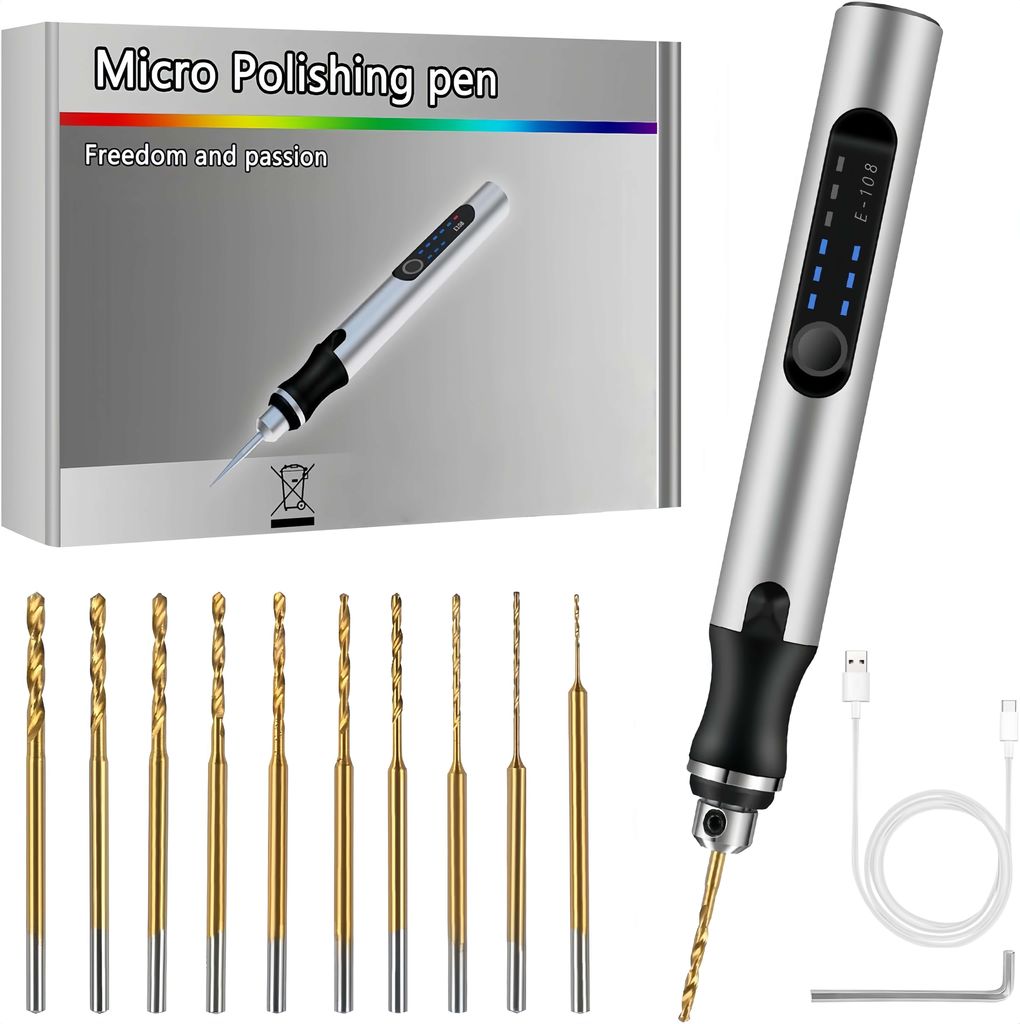 Kabelloser Gravierstift, Elektrischer Handbohrer mit 10 Bohrer, 3-Gang Elektro-Mini-Bohrmaschine für Modellbau, Holz, Schmuckherstellung, Leiterpl...