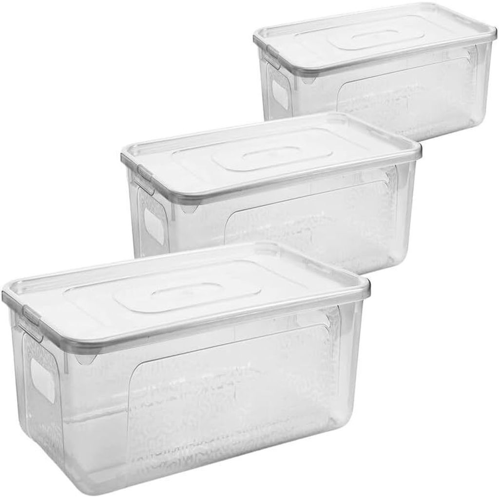 Three clear plastic storage boxes with lids are stacked diagonally against a white background.