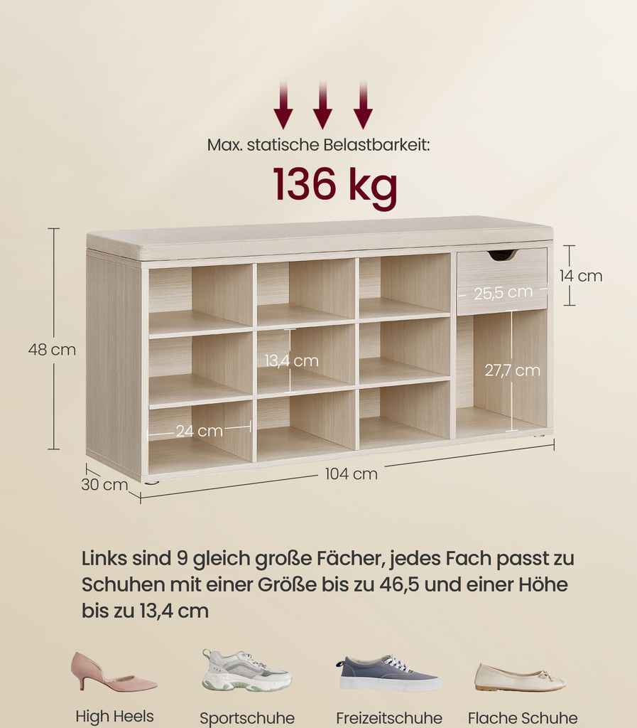 A diagram of a shoe cabinet with dimensions and weight capacity.