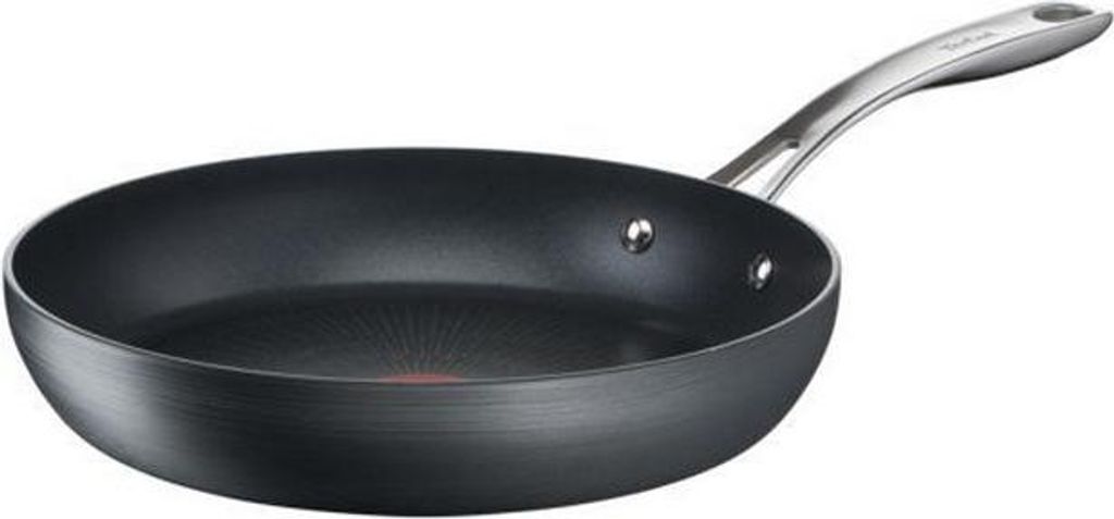 A black frying pan with a silver handle is shown against a white background.