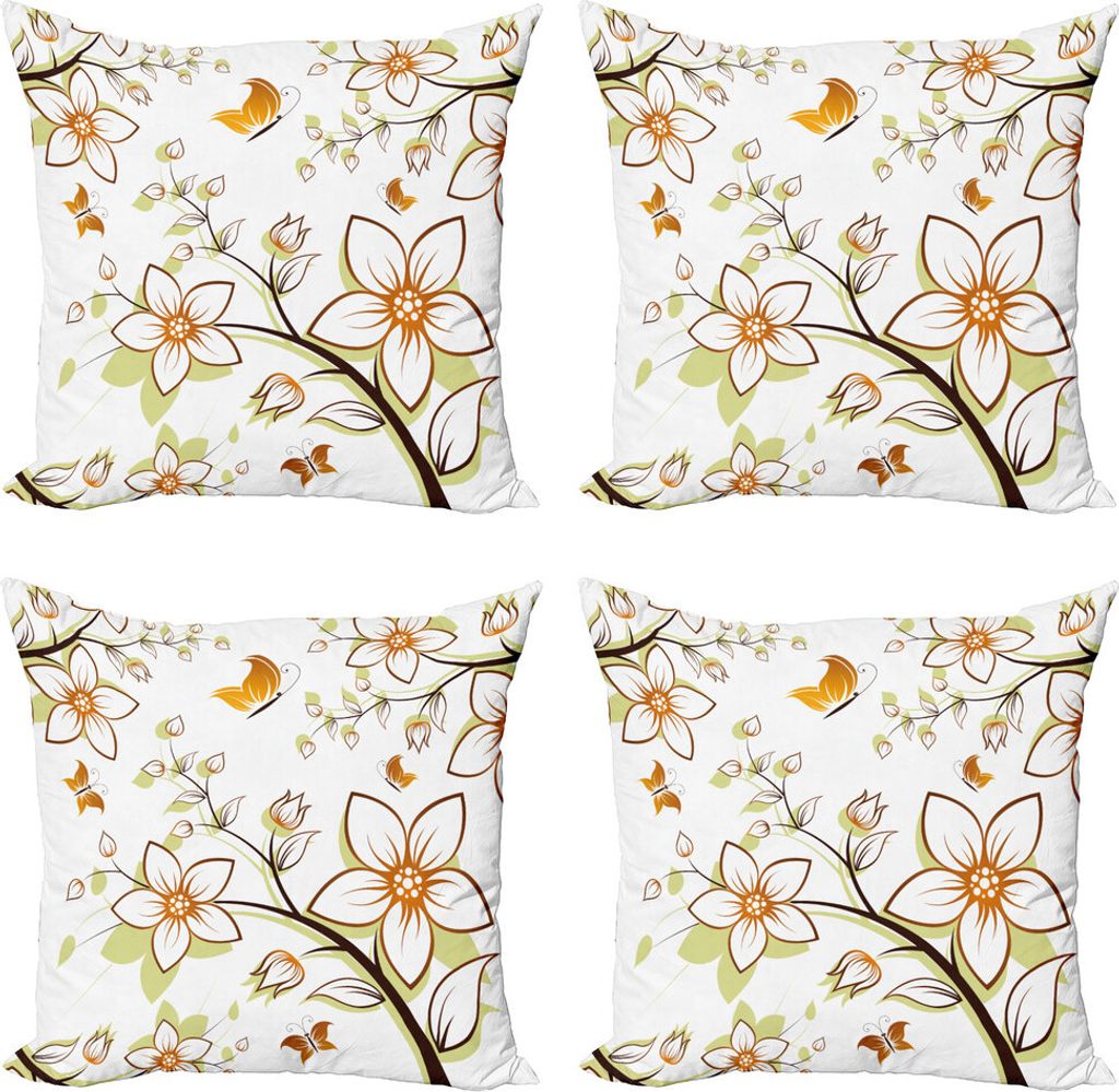 ABAKUHAUS Herbst Kissenbezug Set (4 Stück), Saisonale Flora Fauna, Moderner Doppelseitiger Digitaldruck, 60 cm x 60 cm, Orange Hellgrün Schwarz