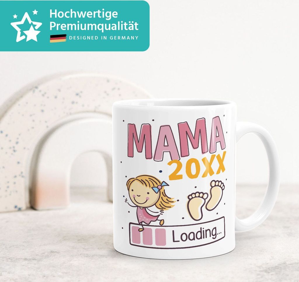 Kaffee-Tasse Schwanger Schwangerschaft Jahreszahl personalisiert Geschenk Mama Papa Oma Opa loading SpecialMe Mama-Tochter weiß-rosa Keramik-Tasse