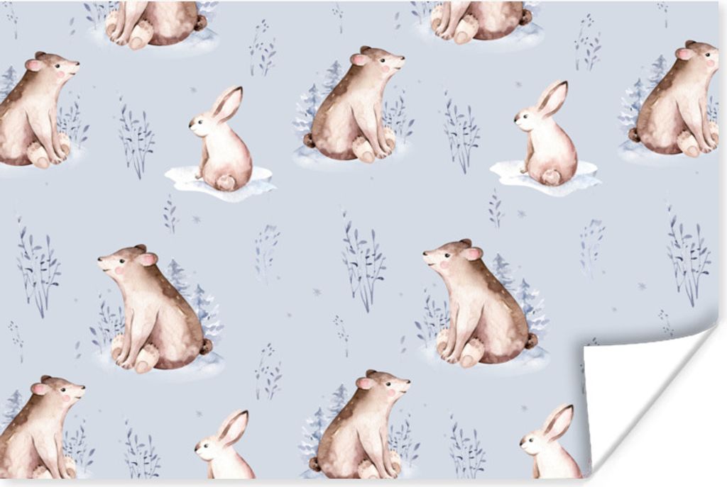 MuchoWow Poster Winter - Muster - Hase - Bär 120x80 cm - Bilder
