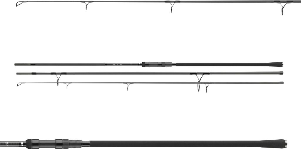 Three fishing rods are displayed horizontally against a white background, with the bottom rod showing the handle and reel seat.