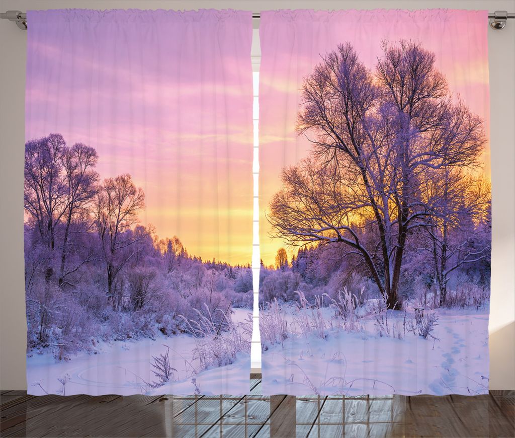 ABAKUHAUS Winter Rustikaler Vorhang, Landschaft mit Sonnenuntergang, Wohnzimmer Universalband Gardinen mit Schlaufen und Haken, 280 x 245 cm, Weiß...