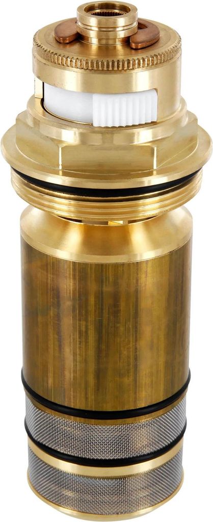 A close-up studio shot of a brass plumbing cartridge.