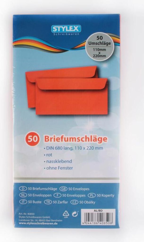 50 farbige Briefumschläge / Din lang / Farbe: rot
