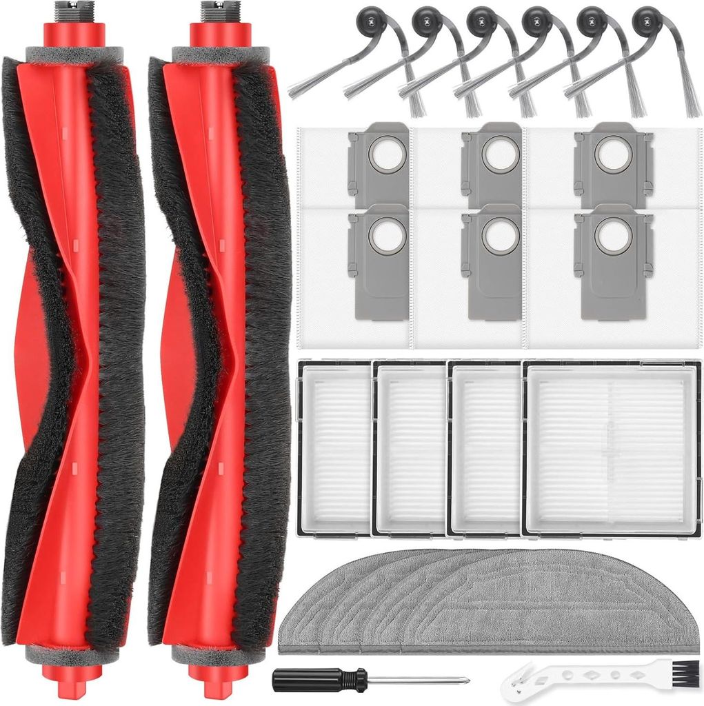 24 Stück Zubehör für Roborock Q10 S5+ Saugroboter, 2 Hauptbürste, 6 Staubbeutel, 4 Wischpads, 4 HEPA-Filter, 6 Seitenbürsten, 1 Reinigungsbür...