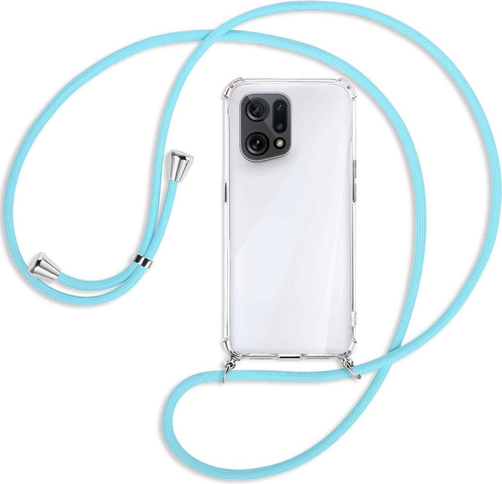Handykette Backcover-Schutzhülle mit Band (Metall silberfarben) für Oppo Find X5 - himmelblau