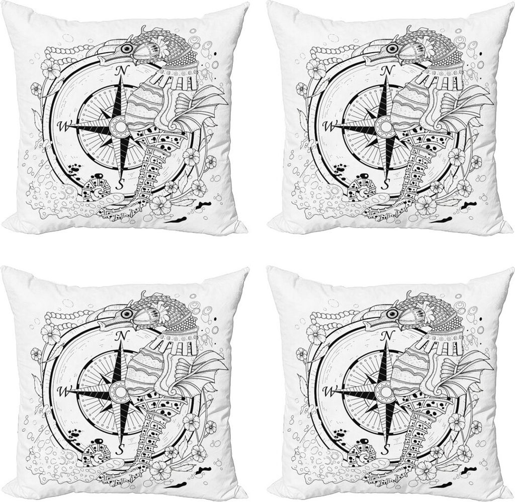 ABAKUHAUS Kompass Kissenbezug Set (4 Stück), Seahorse Compass, Moderner Doppelseitiger Digitaldruck, 45 cm x 45 cm, Schwarz-Weiss