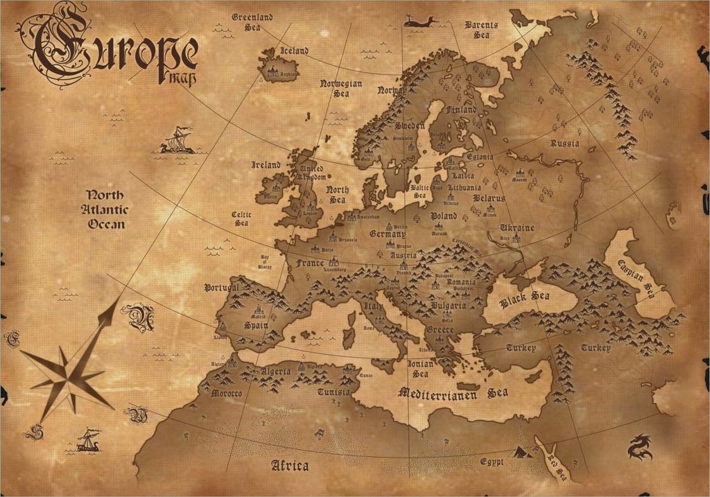 Wallario selbstklebendes Poster - Alte Weltkarte Karte von Europa in englisch, Größe: 70 x 100 cm