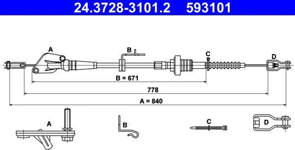 Câble embrayage robuste ATE 24.3728-3101.2 en acier pour Hyundai i10