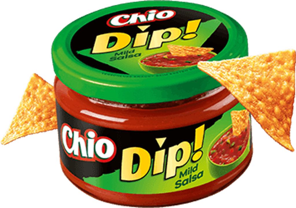 A jar of Chio Dip Mild Salsa with two tortilla chips.