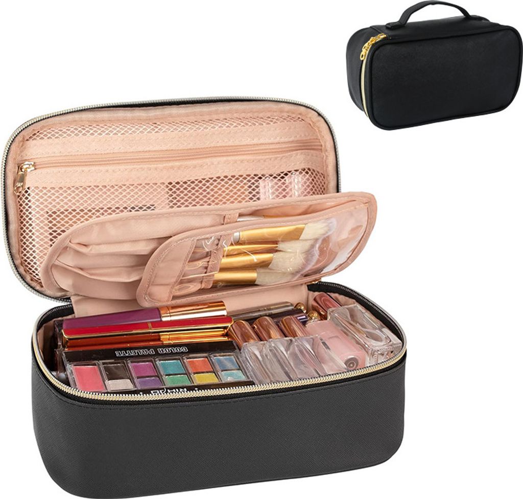 INF Schwarze Kosmetiktasche aus Polyurethanmit großem Fassungsvermögen und Fächern