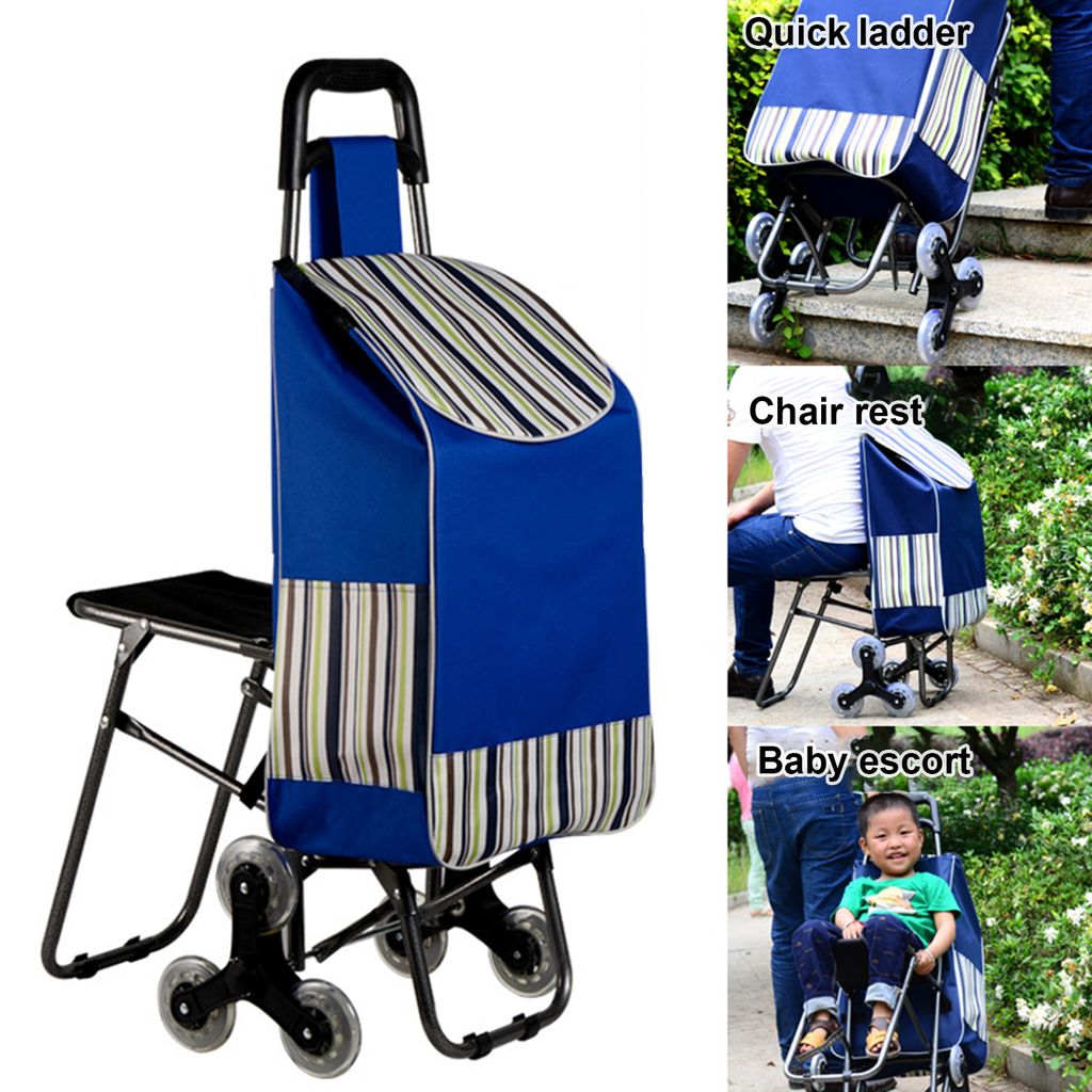 Einkaufswagen mit Sitz, zwei Dreiradrädern, ergonomischer Griff, Treppensteigerwagen, Rollwagen, Einkaufswagen, robuste Einkaufs-Sackkarre