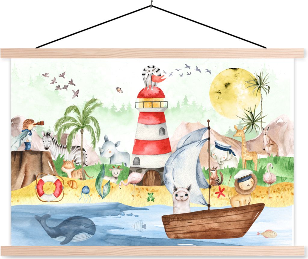 MuchoWow Textilposter Strand - Tiere - Kinder - Leuchtturm - Jungen 60x40 cm mit holzfarbenen Rahmen - Bilder