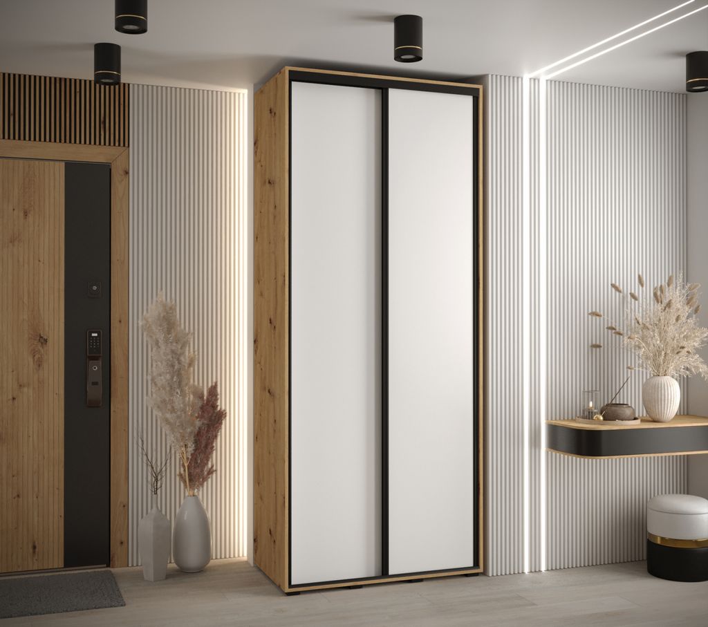 Kleiderschrank YVONA 1 - 100/45 cm, Eiche handwerklich / weiß / schwarz