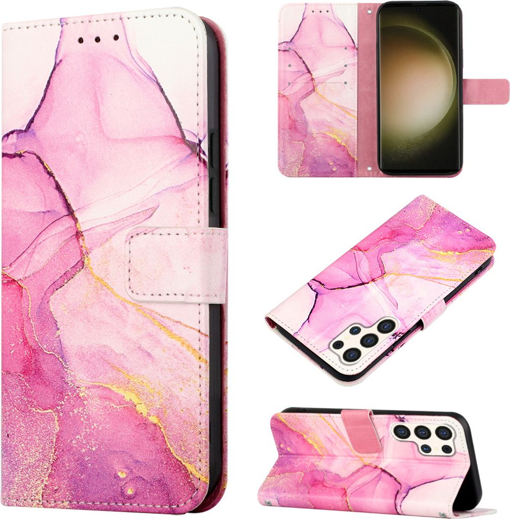 Galaxy S24 Ultra Hülle, Marmor Motiv Kunstleder Tasche Kartenfächer mit Standfunktion Schutzhülle für Samsung Galaxy S24 Ultra Rosa