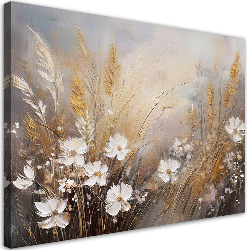 Leinwandbild Wildblumen Gras Boho Beige 90x60 Feeby Grau bild für die wand bereit zum aufhängen
