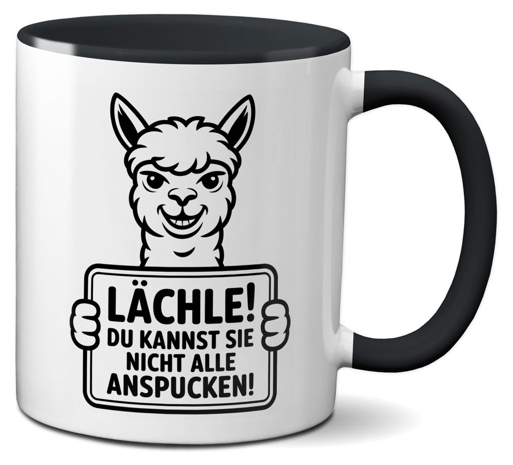 TassenKing Alpaka Tasse mit Spruch „Lächle! Du kannst sie nicht alle anspucken“ Lustige Kaffeetasse 330ml Keramikbecher – Ideale Geschenkide...