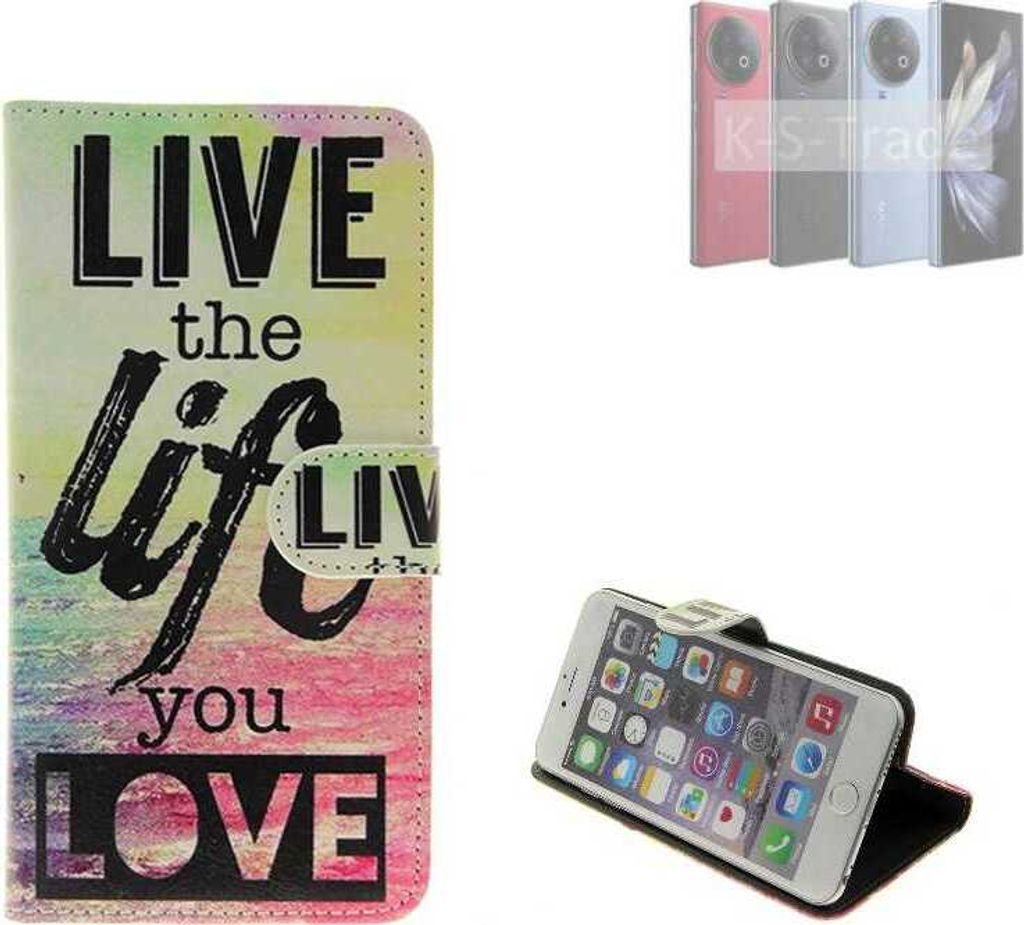 K-S-Trade Schutzhülle Handyhülle kompatibel mit Vivo X Fold 2 360° Wallet Case “live life love“ Klapphülle Tasche Etui Smartphone Flip cover