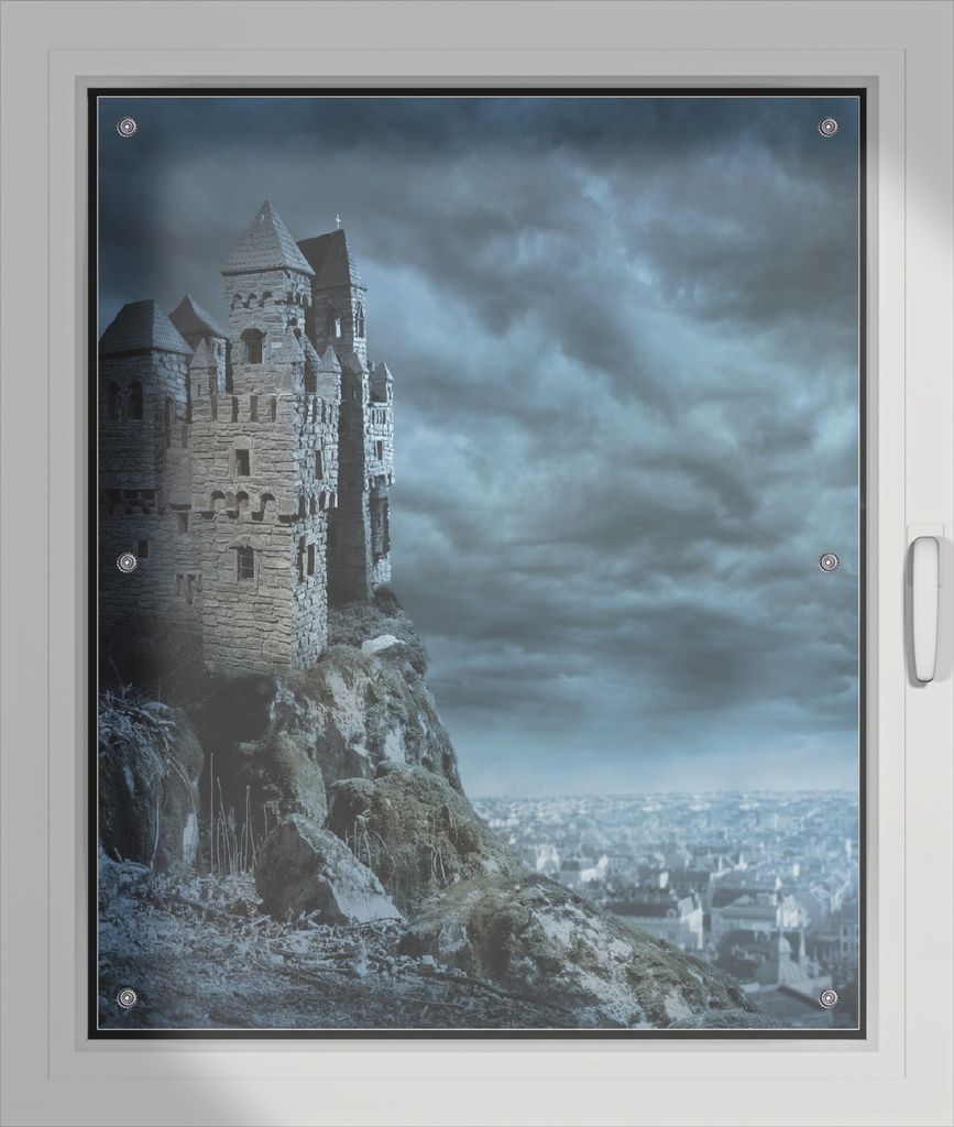 Wallario Lichtschutzbild, Dekorativer Sichtschutz Sonnenschutz 76 x 93 cm mit Motiv: Altes Geisterschloss - Verdunklung ohne Bohren