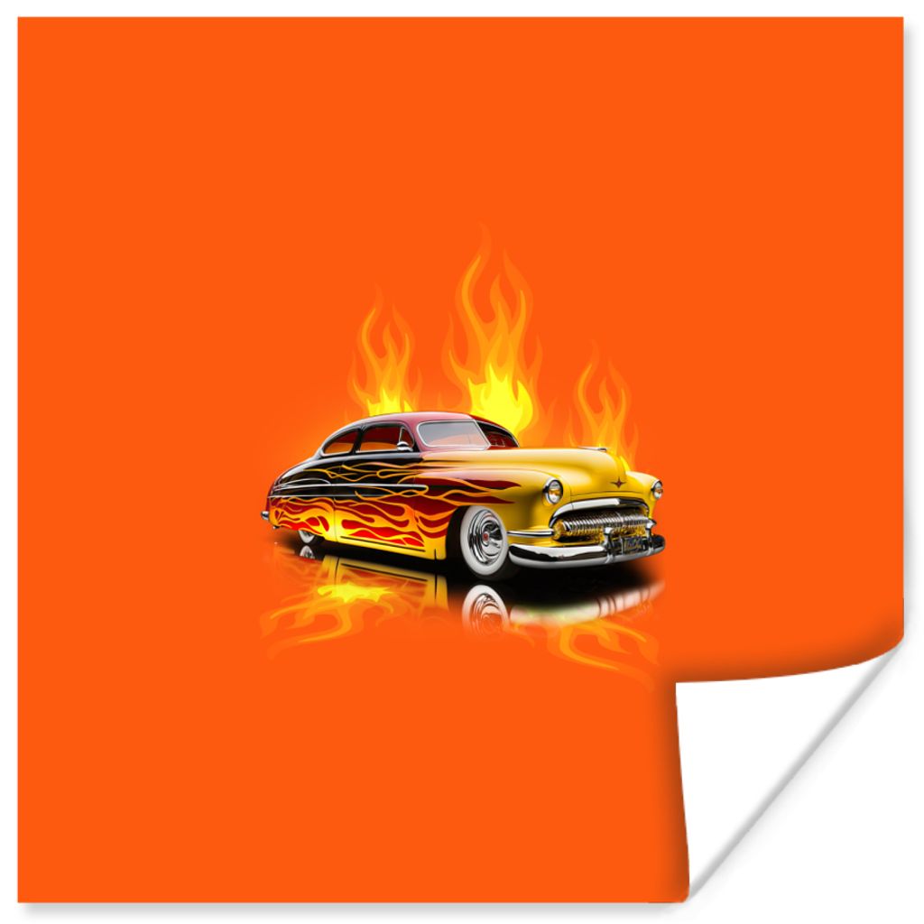 MuchoWow Poster Auto - Flammen - Orange - Feuer - Vintage 75x75 cm - Wand Dekoration